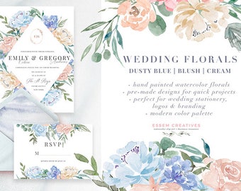 Watercolor Flowers Clipart, Dusty Blue Wedding Invitation, Boho Floral Clip art,  Rustic Bohemian Vintage, Bridal Shower, Floral Frames PNG