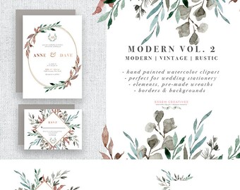 Watercolor Leaf Wreath Clipart, Greenery Leaves, Watercolor Wedding Invitation, Winter Clipart, Rustic Vintage Modern Floral Frame & Borders