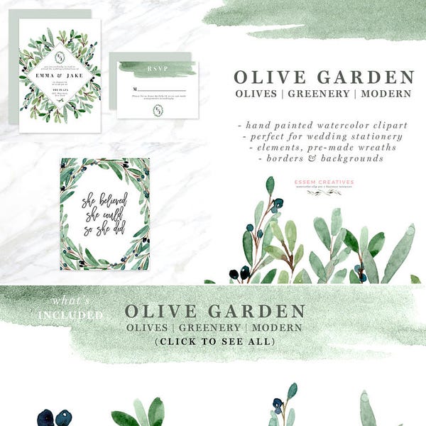 Watercolor Olive Clipart, Olive Wreath Clipart, Olive Branch Clipart, Rustic Wedding Clipart, Floral Greenery Border Clipart, Digital Paper
