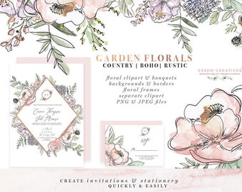 Garden Watercolor Flowers Clipart, Digital Papers, Country Cottage Boho Wedding Invitation Clipart, Rose Gold Geometric Floral Frames Border
