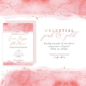 Clipart de respingo de estrelas de espaço em aquarela rosa, fundo de céu noturno estrelado, textura de aquarela rosa e dourada para convite de casamento de aniversário