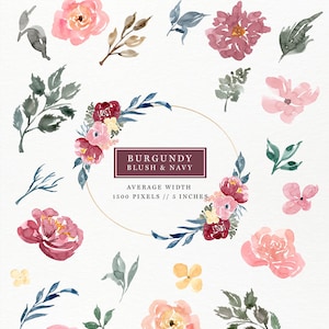 May include: Watercolor floral clipart set featuring burgundy, blush, and navy blue flowers and leaves. The set includes 15 individual elements, perfect for digital design projects.