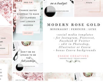 Social Media Templates, Pink Rose Gold Social Branding for Blog, Instagram Template,  Floral Stock Photos, Coffee Laptop Modern Office Photo
