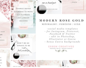 Social Media Templates, Pink Rose Gold Social Branding for Blog, Instagram Template,  Floral Stock Photos, Coffee Laptop Modern Office Photo