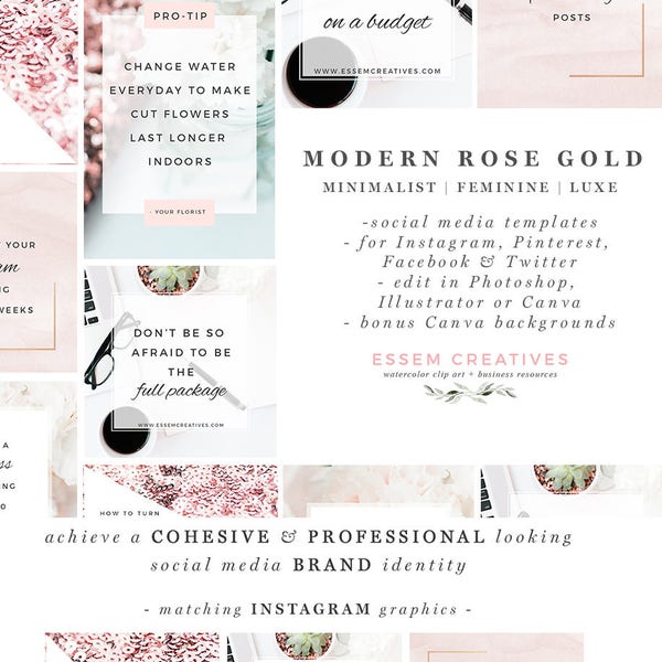 Social Media Templates, Pink Rose Gold Social Branding for Blog, Instagram Template,  Floral Stock Photos, Coffee Laptop Modern Office Photo