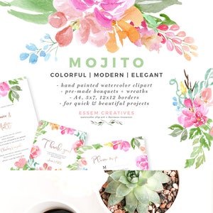 Clipart de flores em aquarela, grinalda floral magenta rosa laranja pintada à mão, clipart de casamento em aquarela, gráficos de papel digital A4 5x7 12x12
