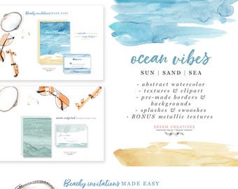 Watercolor Beach Clipart, Nautical Invitation Backgrounds, Sun Sand Sea Oceans Waves, Summer Coastal Tropical Clipart, Abstract Textures