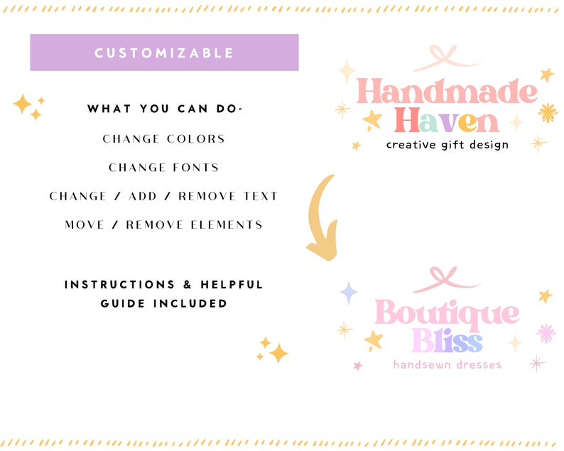 May include: A customisable design template with text that says "Handmade Haven" and "Boutique Bliss". The text is in a colourful, playful font and is surrounded by stars and ribbons. The text also includes the phrases "creative gift design" and "handsewn dresses".