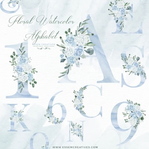 Bebê Azul Aquarela Floral Alfabeto Clipart, Menino Aquarela Flores Alfabeto Clip art Letras Dígitos Número Fonte Gráfico Sublimação PNG