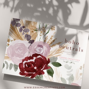 Può includere: Clip art floreale ad acquerello con un bouquet di rose rosa chiaro e bordeaux con fogliame beige e verde. Il testo "boho neutrals" e "ESSEM CREATIVES" è incluso nell'immagine.