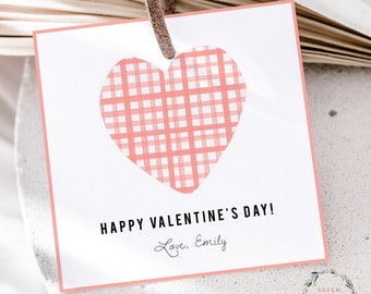 Printable Gingham Heart Valentine Tag, Simple  Watercolor Valentines Day Card for kids, Classmate School Teacher Valentines Day Gift Tag 500
