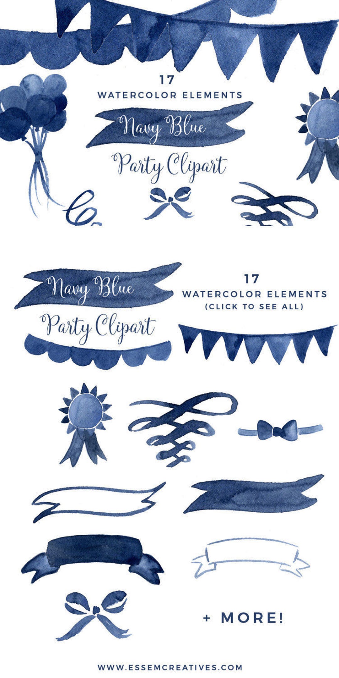 Navy Blue Watercolor Party Clipart, Buntings, Balloons, Ribbons
