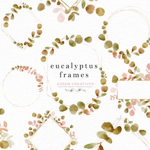 Puede incluir: Conjunto de ocho marcos de eucalipto acuarela con detalles dorados. Los marcos son de varias formas, incluyendo círculos, cuadrados y hexágonos. Los marcos son perfectos para agregar un toque de naturaleza a tus diseños.