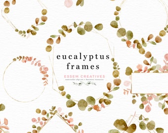 Watercolor Eucalyptus Frames Clipart, Eucalyptus Border Clip Art, Vintage Rustic Gold Geometric Leaves for Wedding Clipart, Frame Border PNG