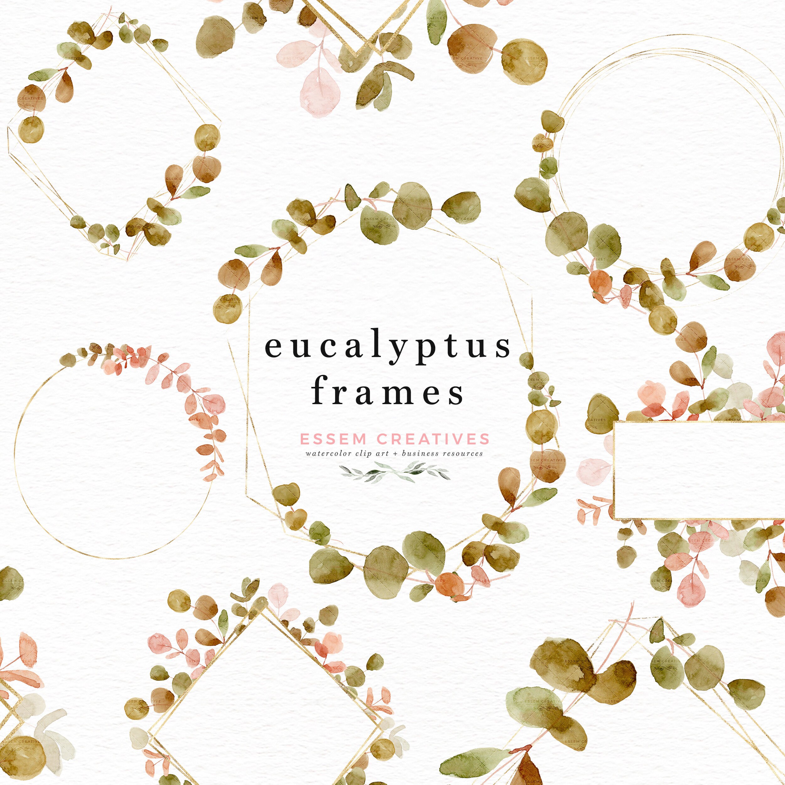 Watercolor Eucalyptus and Gold Leaves Wreath Frame Border Clipart with  Transparent Backgrounds for Invitations Logo Branding - Essem Creatives