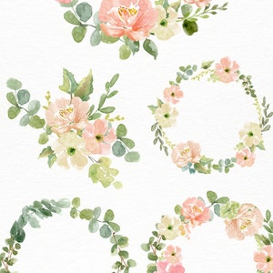 May include: Watercolor floral designs featuring wreaths and bouquets in shades of pink, peach, and green. The image includes the text "Darling Florals" and "wreaths + bouquets". The website address www.essemcreatives.com is also visible.