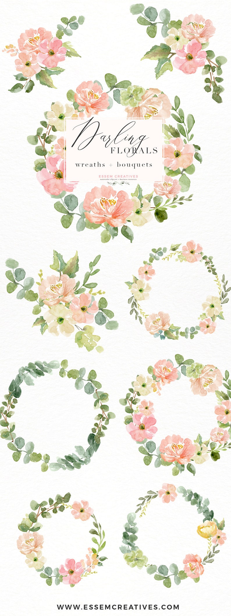 May include: Watercolor floral designs featuring wreaths and bouquets in shades of pink, peach, and green. The image includes the text "Darling Florals" and "wreaths + bouquets". The website address www.essemcreatives.com is also visible.