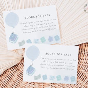 Modèle de carte bleu ballon livres pour bébé, aquarelle livres thème garçon baby shower livre demande insert, modèle imprimable, un nouveau chapitre 497
