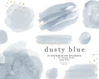 Dusty Blue Watercolor Clipart Texture Shapes Splash Splodge, Watercolor Background Brush Strokes Overlay, Digital Planner Sticker Graphics