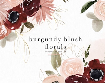 May include: Watercolor floral clip art featuring burgundy and blush pink flowers with green leaves and gold accents. The text "burgundy blush florals" is written in black.