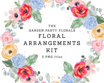 May include: A watercolor floral arrangement kit with a circular design. The wreath features red, pink, yellow, and blue flowers with green leaves. Text reads "The Garden Party Florals Floral Arrangements Kit 3 PNG files."