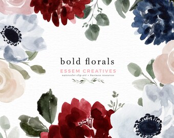 Watercolor Flowers Clipart in Navy Blue Deep Red and White. Floral Border Clip Art for Fall Wedding Invite Bridal Shower Decor, PNG files