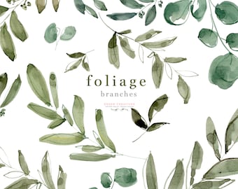 Watercolor Eucalyptus Clipart, Foliage Greenery Clipart, Leaves Clipart, Rustic Wedding Clipart, Leaf Geometric Frame Border, Logo Branding