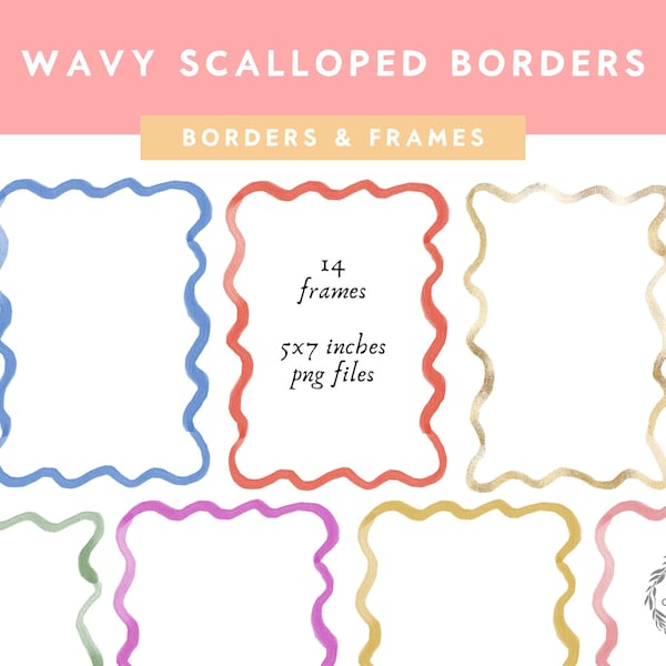 Wavy Scallop Line Borders Clipart, Squiggly Lines Watercolor Frames Clip Art, PNG files transparent background, Sublimation Heat Transfer