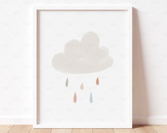 Neutralny plakat z chmurami i deszczem, wystrój pokoju dziecięcego w stylu boho, DRUKOWANA sztuka ścienna z chmurami, minimalistyczny wydruk akwarelowy, sztuka pokoju dziecięcego, CYFROWE POBIERANIE