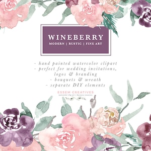 Aquarelle fleurs Clipart, prune vin Berry Bourgogne Fine art Bouquets Couronne, Boho rustique Save the Date, Floral Digital Art, Winter Clipart
