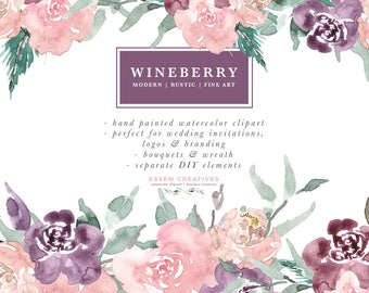 Watercolor Flowers Clipart, Plum Wine Berry Burgundy Fine art Bouquets Wreath, Rustic Boho Save the Date, Floral Digital Art, Winter Clipart