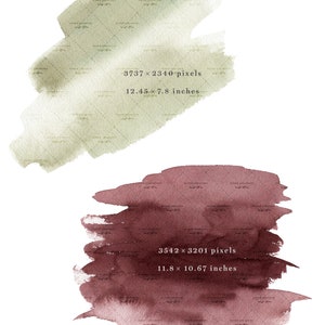 May include: Two watercolor splashes, one in a muted green and one in a deep burgundy red. The green splash is 12.45 inches by 7.8 inches and the burgundy splash is 11.8 inches by 10.67 inches. Both are PNG files with transparent backgrounds.