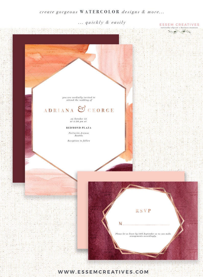 May include: Wedding invitation with a watercolor background in shades of pink, orange, and burgundy. The invitation features a gold hexagonal frame with the text "Adriana & George" and wedding details. The RSVP card features a gold octagonal frame with a burgundy watercolor background.