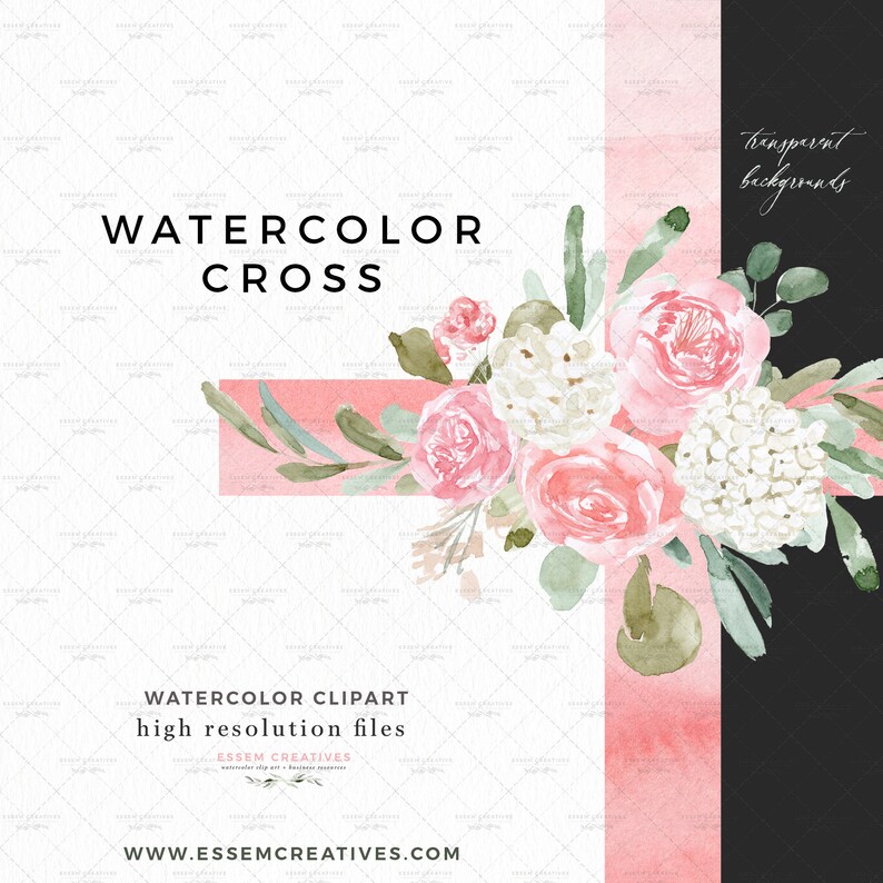 May include: Watercolor clipart of a pink cross with white and pink flowers and green leaves. The text "WATERCOLOR CROSS" is at the top of the image. The text "WATERCOLOR CLIPART high resolution files ESSEM CREATIVES www.essemmcreatives.com" is at the bottom of the image.