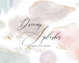 Dreamy Watercolor Splashes in Blush Neutrals Sage with Gold Veins Sparkles Clipart Texture Shape Splodge, Watercolor Background Brush PNG