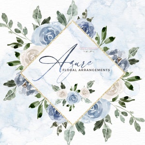 Clipart di fiori dell'acquerello blu AZURE, ClipArt floreale invernale, rose rustiche pallido polveroso blu azzurro Bouquet cornice ghirlanda modello grafica