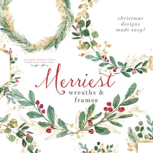 Christmas Wreath Clipart, Hollyhock Clip Art, Watercolor Winter Clipart, Mistletoe Clipart, Holiday Card Clipart, Festive Digital Graphics