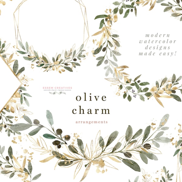 Olive Watercolor Wreath Clipart, Greenery Clipart, Wreath Clipart, Rustic Wedding Clipart, Leaf Gold Geometric Frame Border, Logo Branding