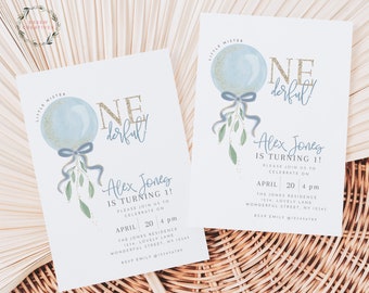 Mr Onederful Invitation Template, Onederful Invitation, 1st Birthday Invitation, Boy First Birthday, Blue Balloon Bow Gold Fairy Sparkle 502
