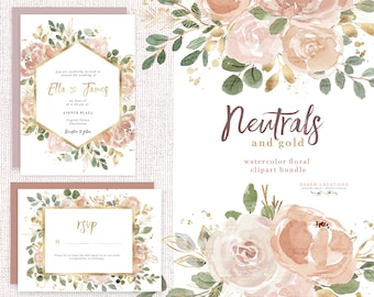 Neutral Watercolor Flowers Clipart, Peach Gold Floral Watercolor Border Clipart, Rose Clipart Vintage Rustic Wedding Invitation Logo Graphic