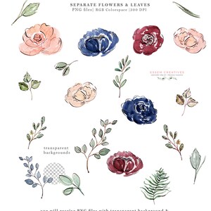 May include: A set of watercolor illustrations of blush and navy flowers and leaves. The illustrations are on a white background and are perfect for digital scrapbooking, card making, and other creative projects.