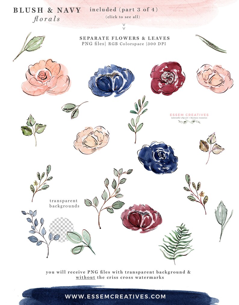 May include: A set of watercolor illustrations of blush and navy flowers and leaves. The illustrations are on a white background and are perfect for digital scrapbooking, card making, and other creative projects.