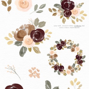 May include: A set of watercolor floral illustrations in shades of brown, pink, and green. The illustrations include a wreath, bouquets, and individual flowers. The text "EARTHY FLORALS" is at the top of the image. The text "arrangements are 12 x 12 inches" is below the title. The text "PNG files | 300 DPI" is below the size information. The text "you will receive files without the criss cross watermarks." is in the center of the image. The text "WWW.ESSEMCREATIVES.COM" is at the bottom of the image.
