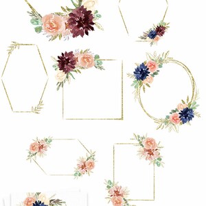 May include: Eight geometric floral frames with gold glitter accents and watercolour flowers in shades of burgundy, navy, peach, and cream. The frames are 12 inches by 12 inches and have transparent backgrounds. The text "Create beautiful & on trend designs quickly & easily" is at the bottom of the image.