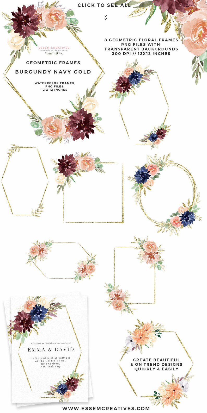 May include: Eight geometric floral frames with gold glitter accents and watercolour flowers in shades of burgundy, navy, peach, and cream. The frames are 12 inches by 12 inches and have transparent backgrounds. The text "Create beautiful & on trend designs quickly & easily" is at the bottom of the image.
