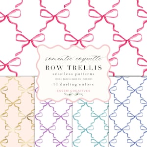 May include: Watercolor bow trellis seamless patterns in various colors, including pink, gold, purple, teal, and blue. The design features a repeating pattern of bows. The text reads "romantic coquette BOW TRELLIS seamless patterns".