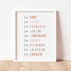 Afirmaciones neutrales para niños Póster, Boho Daily Saying Print, Arte mural imprimible, Decoración inspiradora positiva de la guardería educativa
