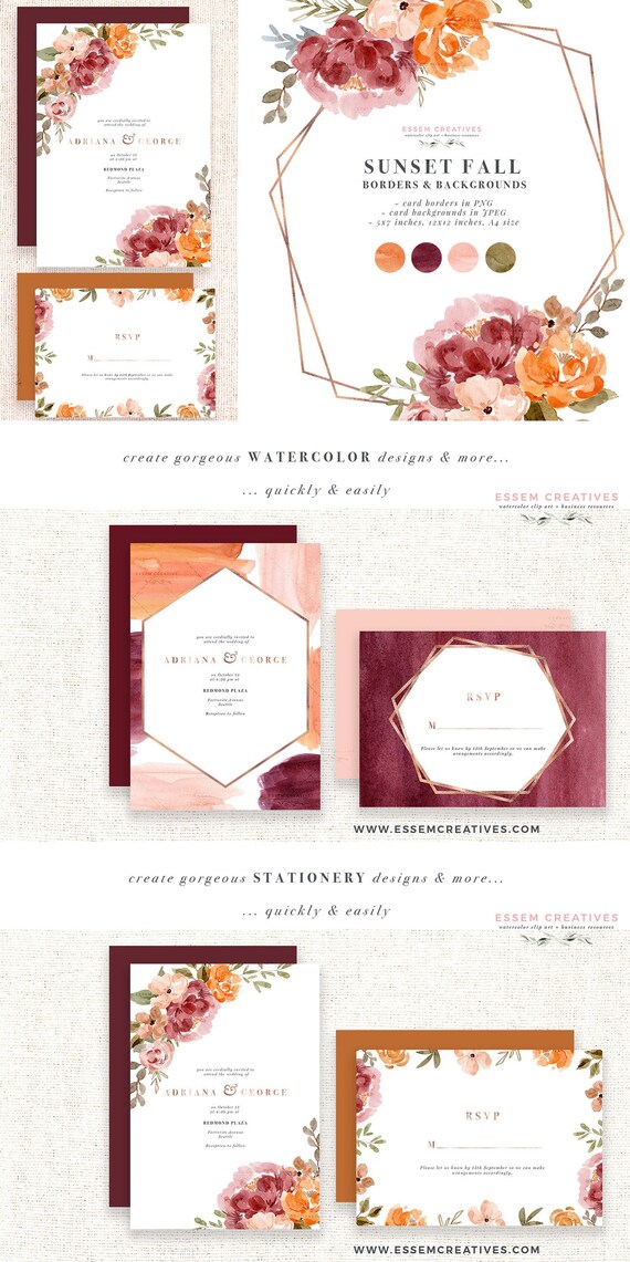 Orange Flower Borders Watercolor Backgrounds, Fall Rustic Thanksgiving Clipart, Fall Floral Clipart Burnt Orange Vintage Wedding Invitation