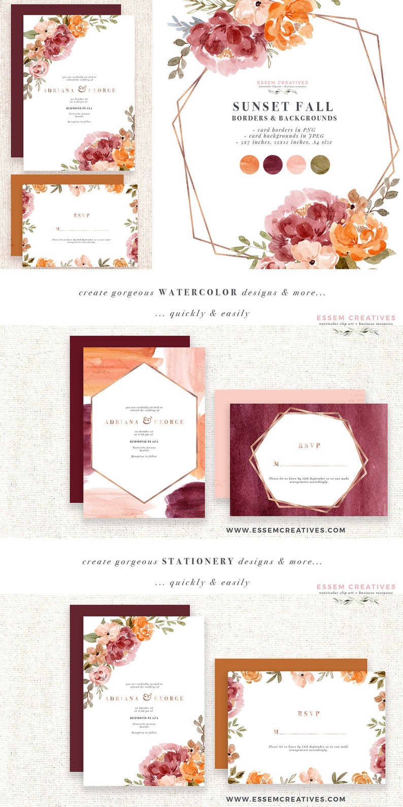 May include: A set of wedding invitation templates featuring watercolor floral designs in shades of pink, orange, and burgundy. The text on the invitations reads "Adriana & George" and includes the date, time, and location of the wedding. The invitations also include an RSVP card with a floral border.