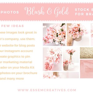 May include: A promotional image titled "Blush & Gold" with the text "15 Photos" and "Stock Bundle for Branding." It features a collage of photos, including floral arrangements and gold glitter textures. The text suggests using the images for blog posts, Instagram, marketing, and more.